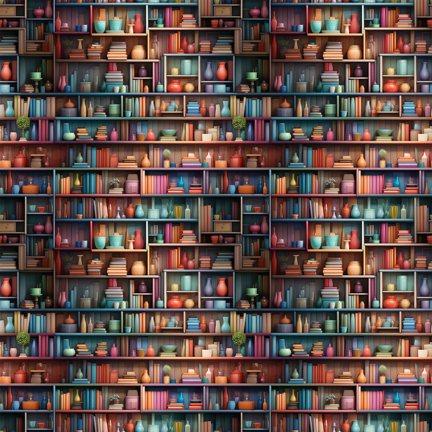 bookshelf pattern, quilting cotton, fabric panel, books, pottery, vases, colorful spines, library scene, shelving units, decorative objects, coral red, teal blue, sage green, mustard yellow, purple accents, brown shelves, reading theme, literary motif, cozy atmosphere, repetitive design