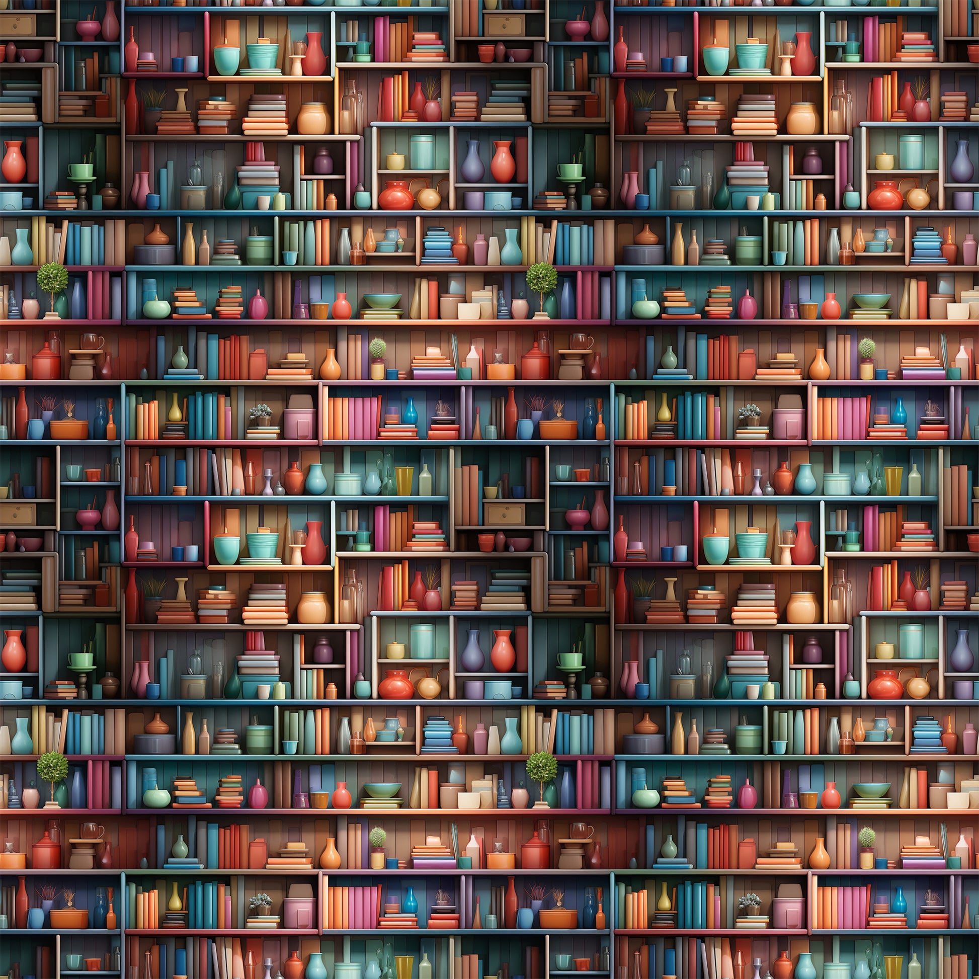 bookshelf pattern, quilting cotton, fabric panel, books, pottery, vases, colorful spines, library scene, shelving units, decorative objects, coral red, teal blue, sage green, mustard yellow, purple accents, brown shelves, reading theme, literary motif, cozy atmosphere, repetitive design