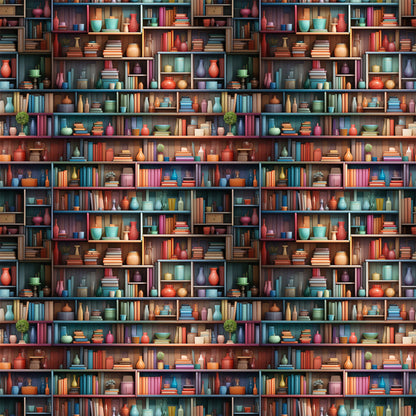 bookshelf pattern, quilting cotton, fabric panel, books, pottery, vases, colorful spines, library scene, shelving units, decorative objects, coral red, teal blue, sage green, mustard yellow, purple accents, brown shelves, reading theme, literary motif, cozy atmosphere, repetitive design