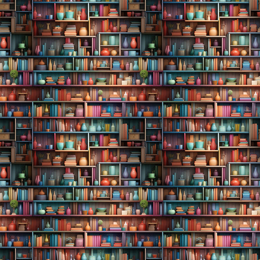 bookshelf pattern, quilting cotton, fabric panel, books, pottery, vases, colorful spines, library scene, shelving units, decorative objects, coral red, teal blue, sage green, mustard yellow, purple accents, brown shelves, reading theme, literary motif, cozy atmosphere, repetitive design