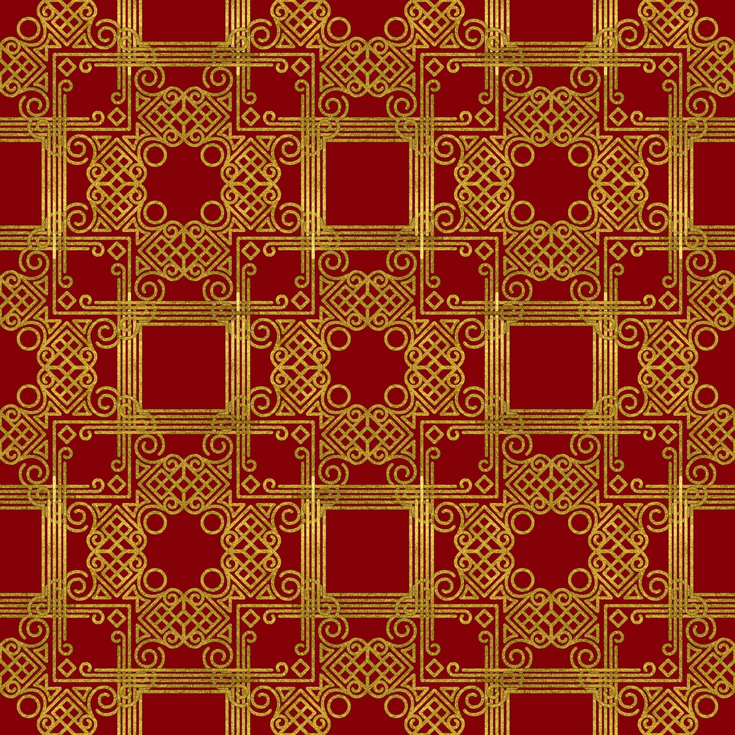 red, gold, burgundy, crimson, ornate pattern, geometric design, scrollwork, intricate motifs, decorative squares, celtic knots, swirls, flourishes, quilting cotton, fabric panel, christmas fabric, holiday pattern, luxurious design, elegant motifs, repeating pattern, festive colors
