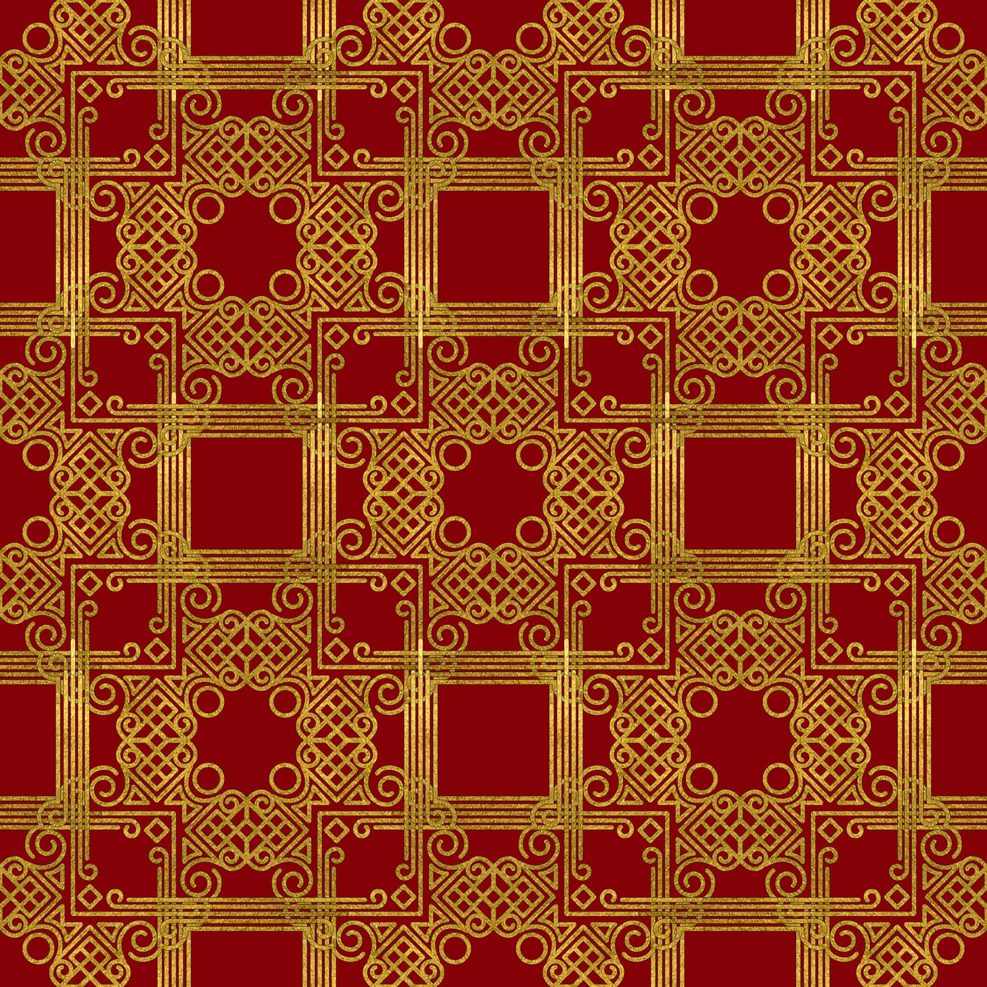 red, gold, burgundy, crimson, ornate pattern, geometric design, scrollwork, intricate motifs, decorative squares, celtic knots, swirls, flourishes, quilting cotton, fabric panel, christmas fabric, holiday pattern, luxurious design, elegant motifs, repeating pattern, festive colors