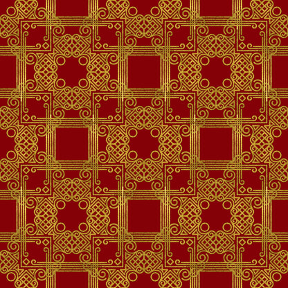 red, gold, burgundy, crimson, ornate pattern, geometric design, scrollwork, intricate motifs, decorative squares, celtic knots, swirls, flourishes, quilting cotton, fabric panel, christmas fabric, holiday pattern, luxurious design, elegant motifs, repeating pattern, festive colors