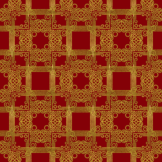 red, gold, burgundy, crimson, ornate pattern, geometric design, scrollwork, intricate motifs, decorative squares, celtic knots, swirls, flourishes, quilting cotton, fabric panel, christmas fabric, holiday pattern, luxurious design, elegant motifs, repeating pattern, festive colors