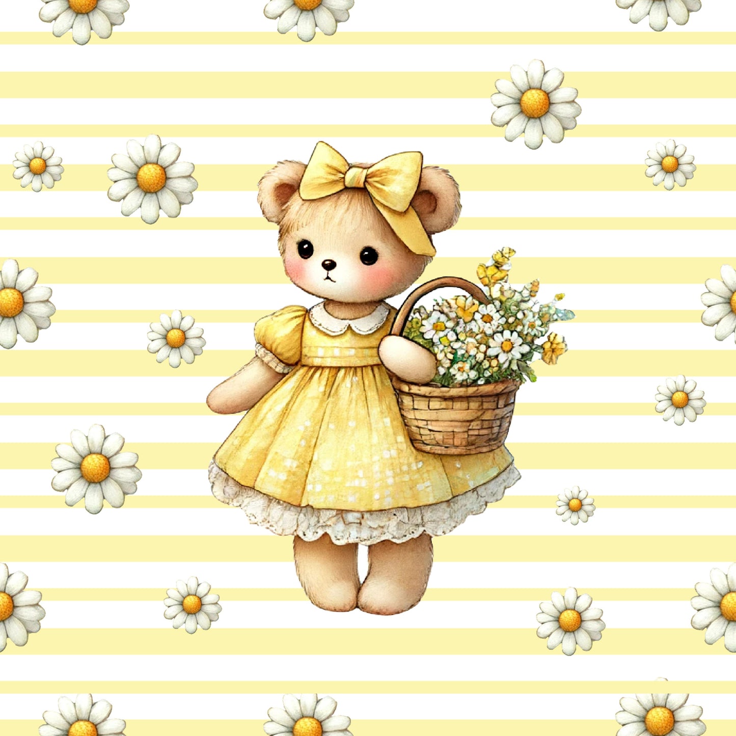 yellow, white, brown, teddy bear, daisy flowers, polka dots, stripes, bow, basket, cute character, whimsical, feminine, spring theme, quilting cotton, fabric panel, floral pattern, children's fabric, nursery design, pastel colors, sweet illustration