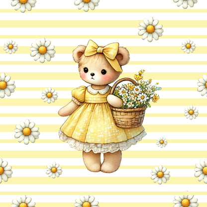 yellow, white, brown, teddy bear, daisy flowers, polka dots, stripes, bow, basket, cute character, whimsical, feminine, spring theme, quilting cotton, fabric panel, floral pattern, children's fabric, nursery design, pastel colors, sweet illustration