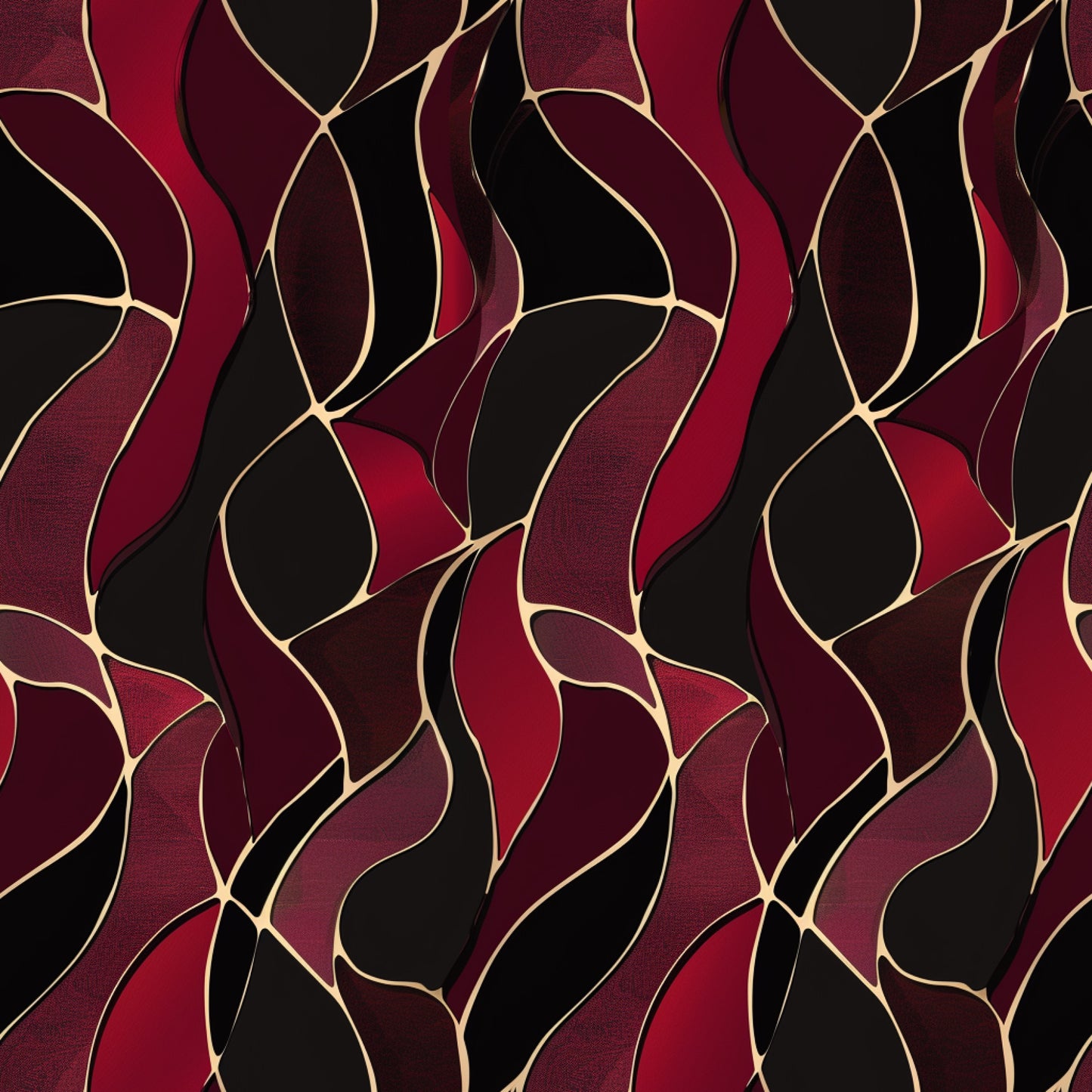 burgundy, deep red, black, gold accents, abstract pattern, flowing curves, organic shapes, wavy lines, modern design, contemporary art, quilting cotton, fabric panel, geometric elements, rich colors, artistic motif, curved lines, overlapping shapes, sophisticated pattern, fluid design, decorative fabric