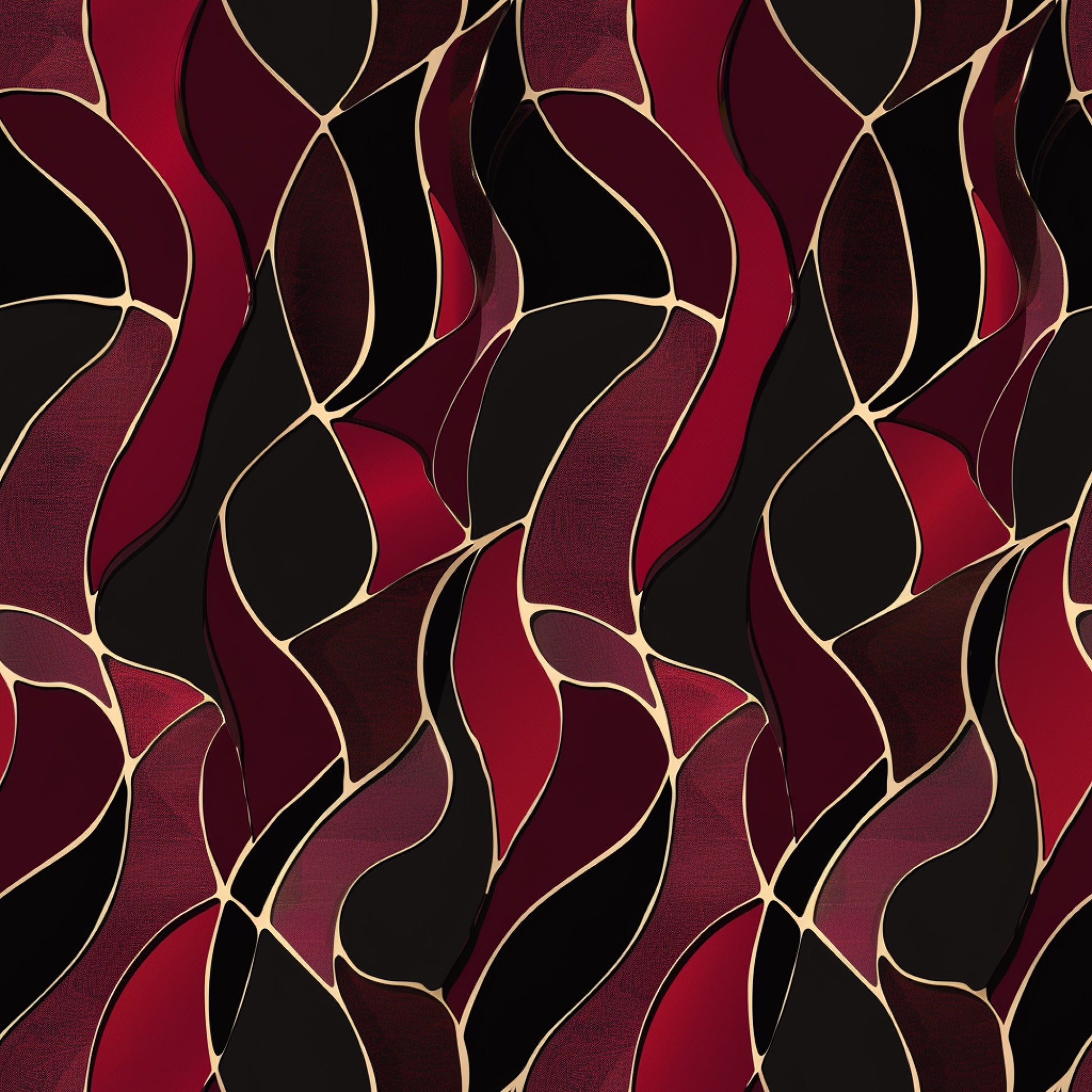 burgundy, deep red, black, gold accents, abstract pattern, flowing curves, organic shapes, wavy lines, modern design, contemporary art, quilting cotton, fabric panel, geometric elements, rich colors, artistic motif, curved lines, overlapping shapes, sophisticated pattern, fluid design, decorative fabric