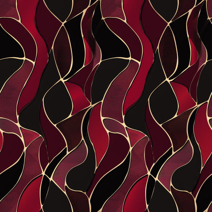 burgundy, deep red, black, gold accents, abstract pattern, flowing curves, organic shapes, wavy lines, modern design, contemporary art, quilting cotton, fabric panel, geometric elements, rich colors, artistic motif, curved lines, overlapping shapes, sophisticated pattern, fluid design, decorative fabric
