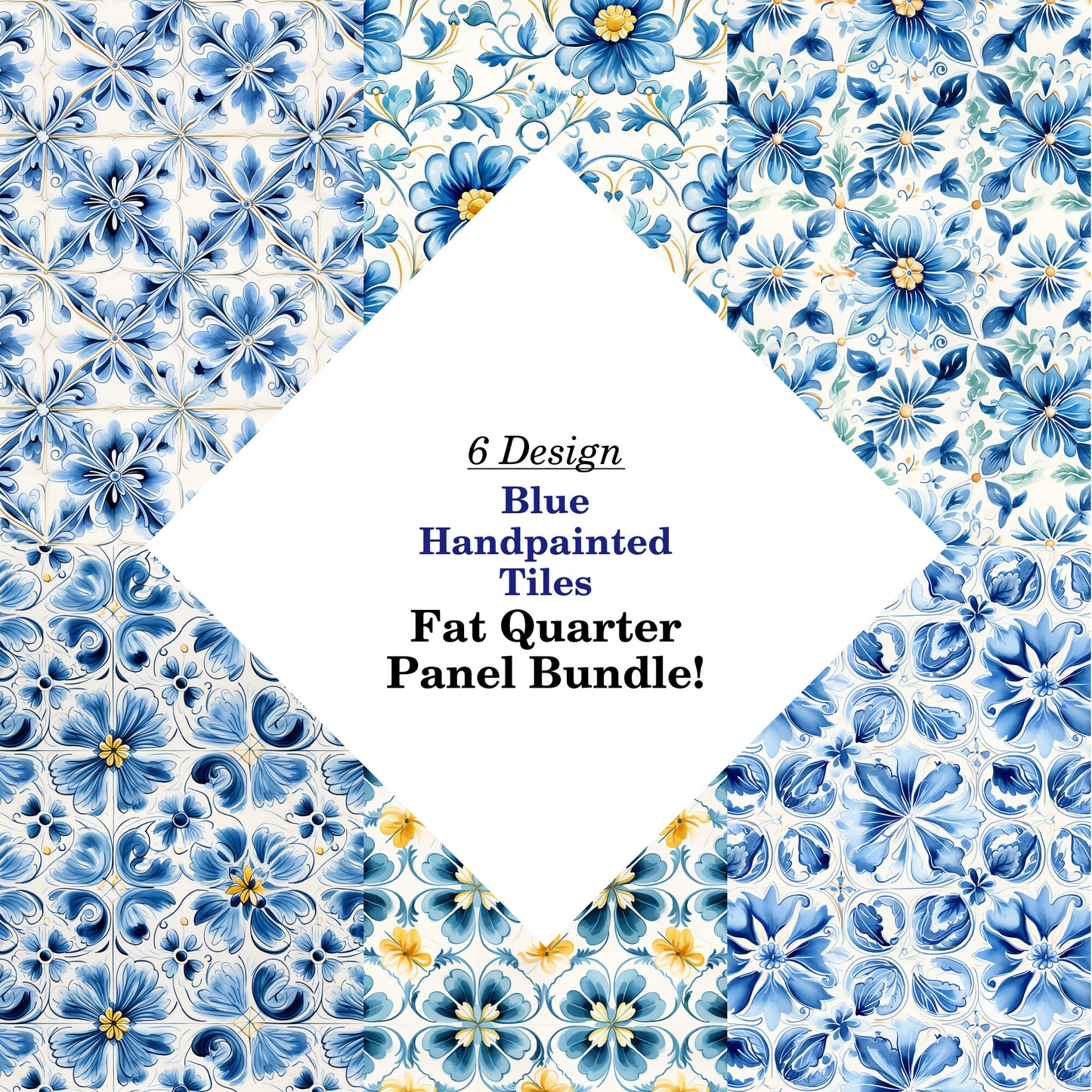 Blue Handpainted Tiles Fat Quarter Bundle