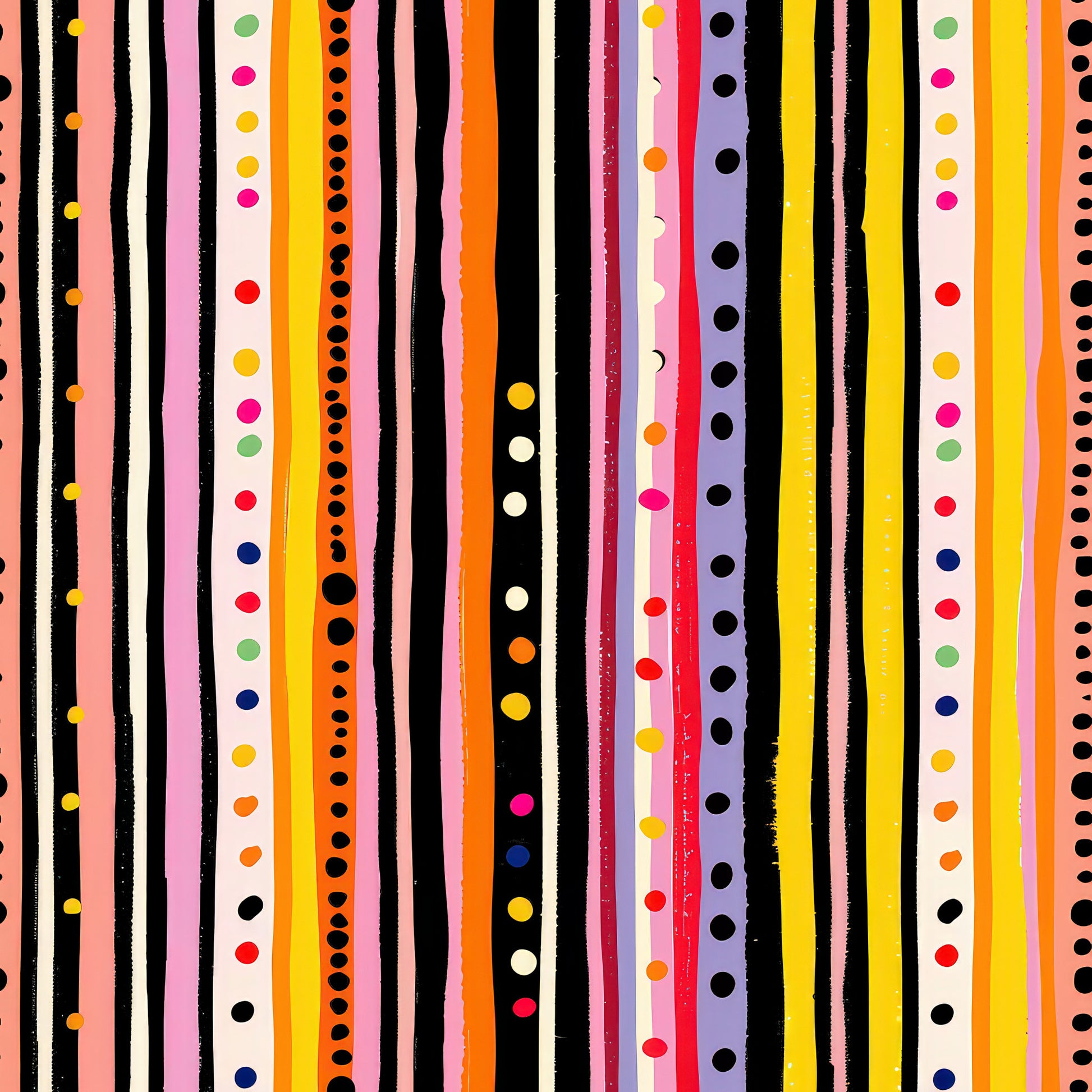 colorful stripes, polka dots, geometric pattern, vertical lines, rainbow colors, pink, orange, yellow, black, white, red, blue, green, purple, quilting cotton, fabric panel, modern design, playful pattern, bright colors, striped fabric, dotted design