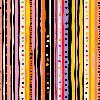 colorful stripes, polka dots, geometric pattern, vertical lines, rainbow colors, pink, orange, yellow, black, white, red, blue, green, purple, quilting cotton, fabric panel, modern design, playful pattern, bright colors, striped fabric, dotted design