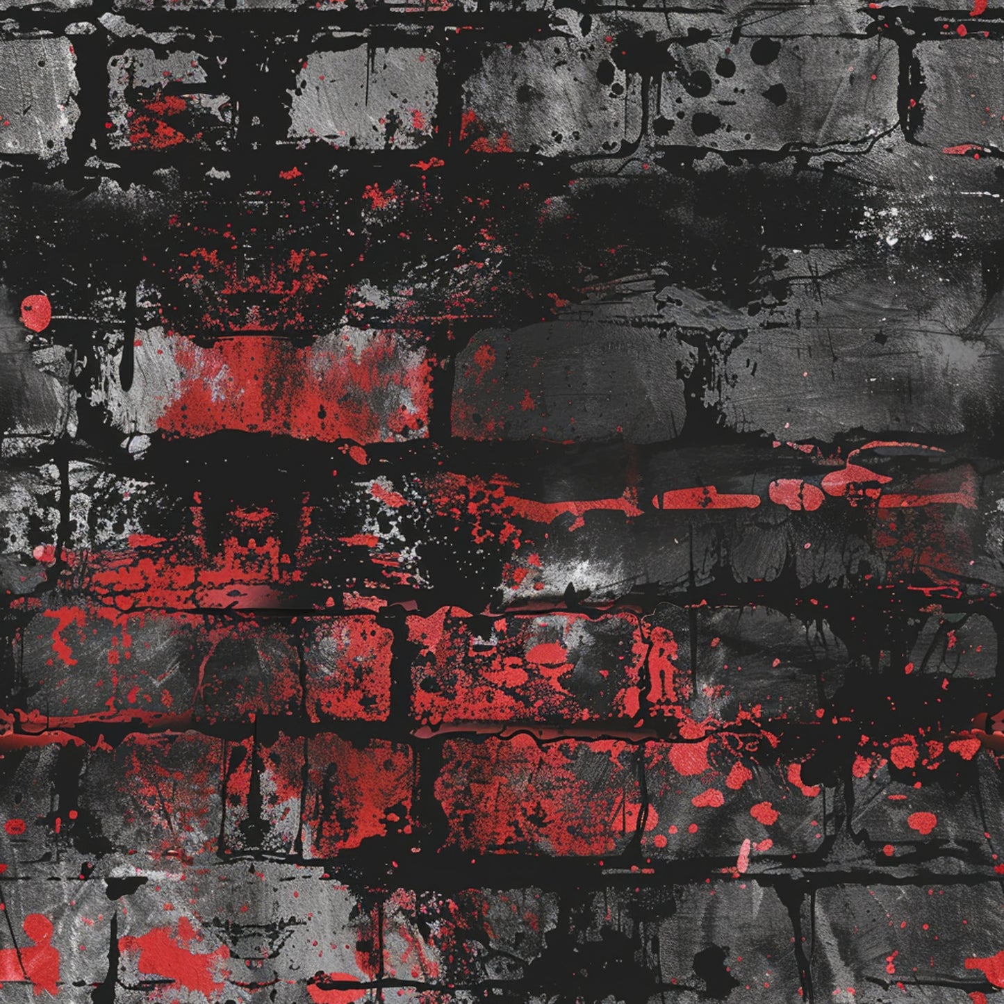 red, black, gray, grunge, distressed, brick wall, urban, weathered, splattered paint, textured, abstract, gritty, industrial, street art, quilting cotton, fabric panel, worn, aged, rough texture, paint drips