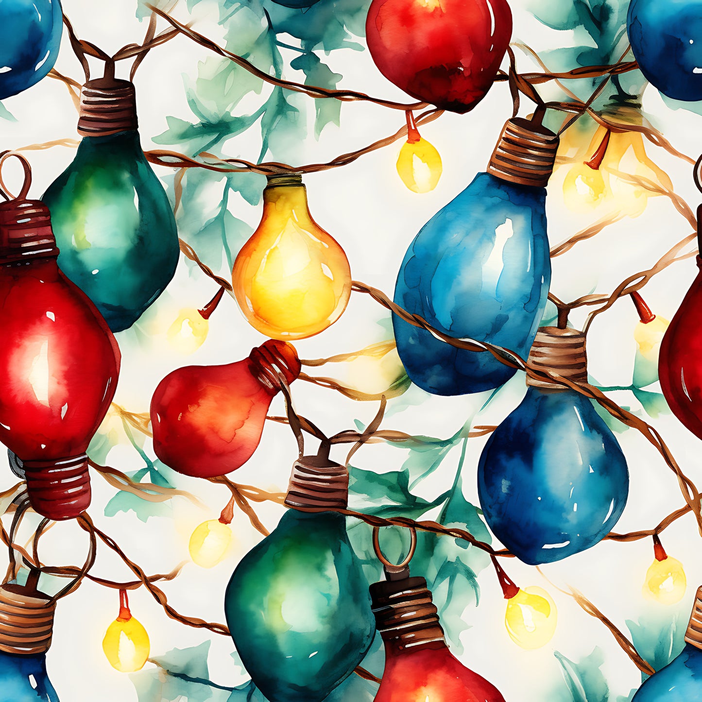 watercolor, christmas lights, string lights, festive bulbs, red, blue, green, yellow, orange, multicolored, holiday pattern, winter decor, seamless design, quilting cotton, fabric panel, watercolor style, painted effect, overlapping lights, christmas theme, holiday crafting