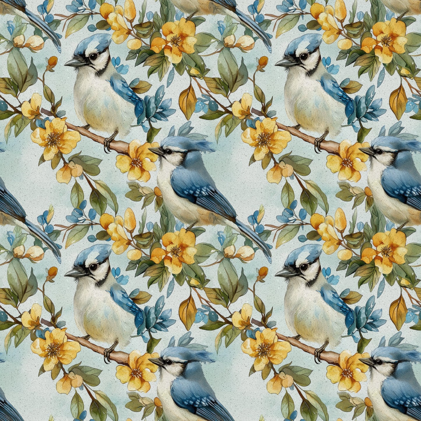 blue jay, birds, yellow flowers, floral pattern, botanical design, cotton fabric, quilting panel, nature motif, soft blue, golden yellow, green leaves, brown branches, watercolor style, spring theme, seamless repeat, perched birds, delicate florals, pastel background, wildlife design, garden scene