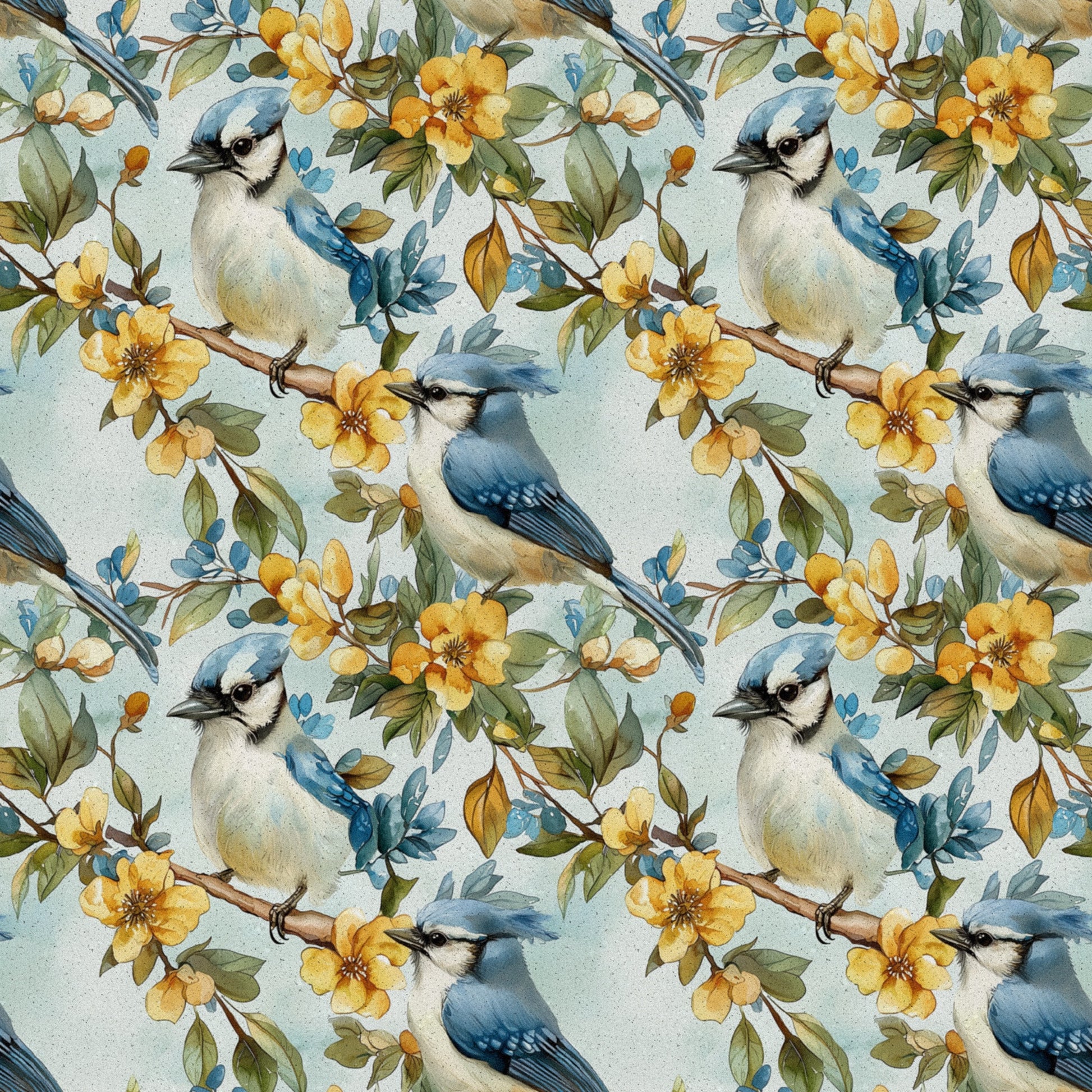 blue jay, birds, yellow flowers, floral pattern, botanical design, cotton fabric, quilting panel, nature motif, soft blue, golden yellow, green leaves, brown branches, watercolor style, spring theme, seamless repeat, perched birds, delicate florals, pastel background, wildlife design, garden scene