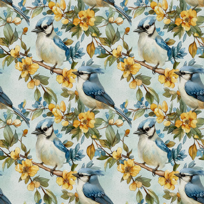 blue jay, birds, yellow flowers, floral pattern, botanical design, cotton fabric, quilting panel, nature motif, soft blue, golden yellow, green leaves, brown branches, watercolor style, spring theme, seamless repeat, perched birds, delicate florals, pastel background, wildlife design, garden scene
