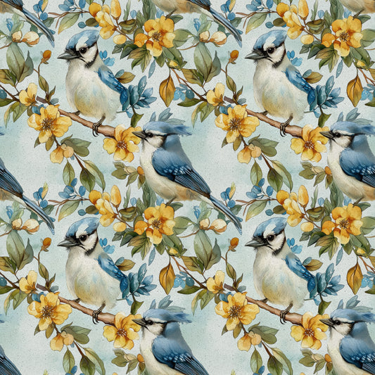 blue jay, birds, yellow flowers, floral pattern, botanical design, cotton fabric, quilting panel, nature motif, soft blue, golden yellow, green leaves, brown branches, watercolor style, spring theme, seamless repeat, perched birds, delicate florals, pastel background, wildlife design, garden scene