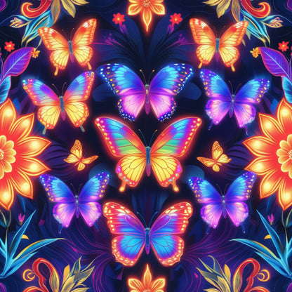 butterflies, fantasy pattern, vibrant colors, neon glow, electric blue, hot pink, orange wings, purple accents, luminous effect, floral elements, tropical flowers, symmetrical design, magical theme, quilting cotton, fabric panel, glowing butterflies, colorful wings, fantasy art, bright pattern, decorative motifs