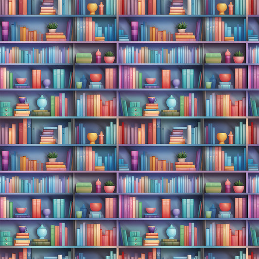 bookshelf pattern, quilting cotton, fabric panel, colorful books, library theme, purple shelves, orange books, blue books, pink books, green books, decorative objects, potted plants, ceramic vases, reading theme, literary design, book spines, shelf arrangement, vibrant colors, repeating pattern, cotton fabric