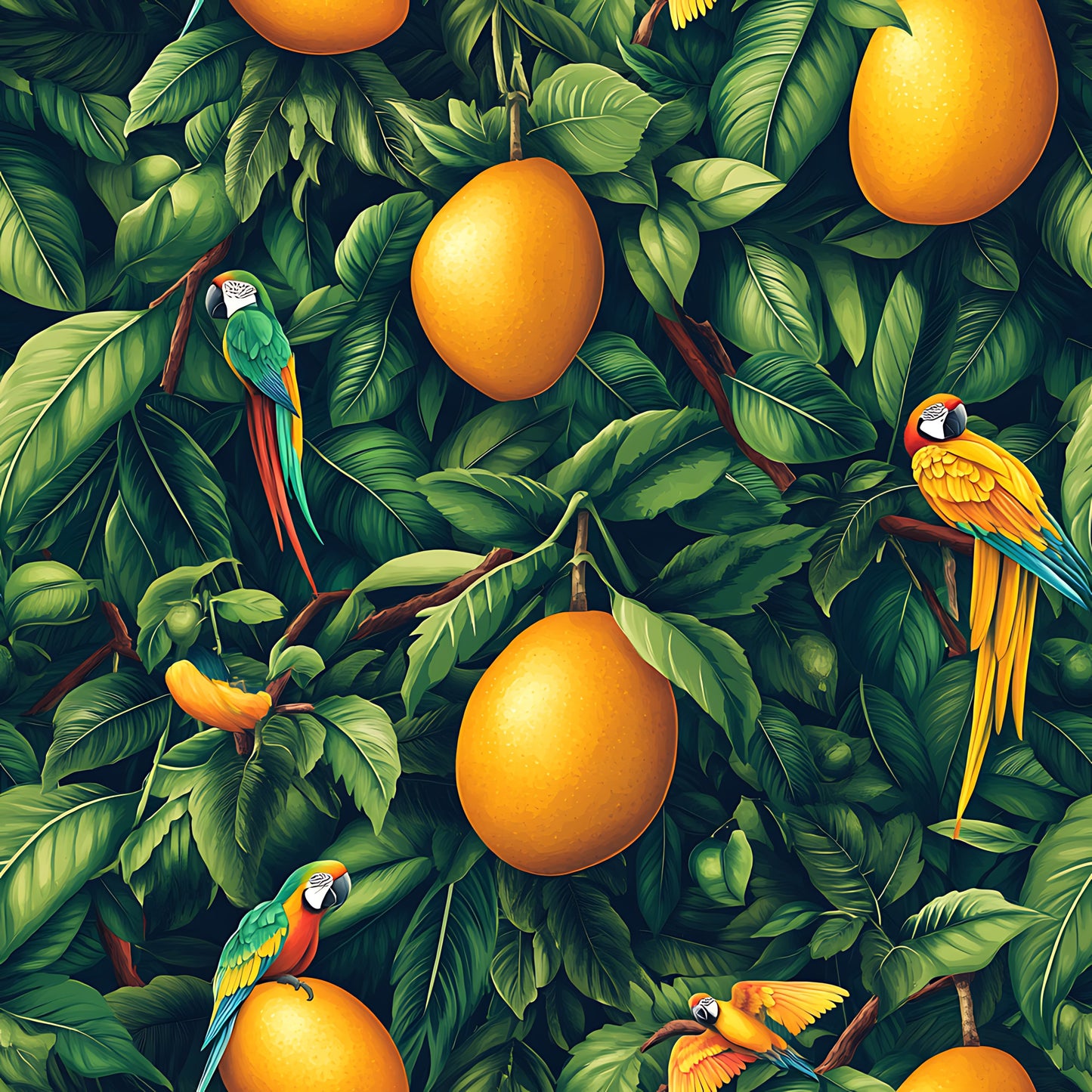 tropical parrots, mango fruits, lush foliage, green leaves, orange mangoes, colorful macaws, jungle pattern, vibrant greens, golden orange, tropical birds, exotic fruits, rainforest scene, quilting cotton, fabric panel, nature motif, botanical design, wildlife illustration, tropical paradise, seamless repeat, bright colors