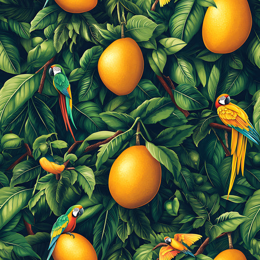 tropical parrots, mango fruits, lush foliage, green leaves, orange mangoes, colorful macaws, jungle pattern, vibrant greens, golden orange, tropical birds, exotic fruits, rainforest scene, quilting cotton, fabric panel, nature motif, botanical design, wildlife illustration, tropical paradise, seamless repeat, bright colors