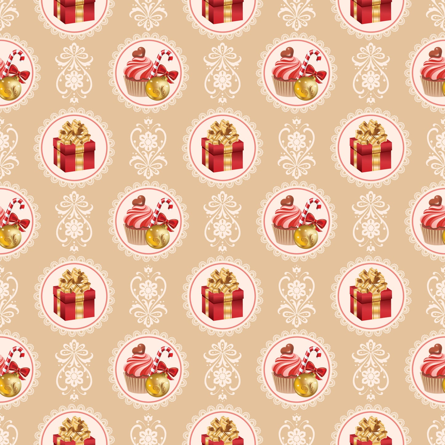 christmas pattern, quilting cotton, fabric panel, beige background, red gift boxes, gold bows, cupcakes, candy canes, ornate circles, lace borders, festive motifs, holiday treats, warm colors, repeating design, seasonal fabric, decorative elements, pink frosting, golden accents, vintage style, holiday baking