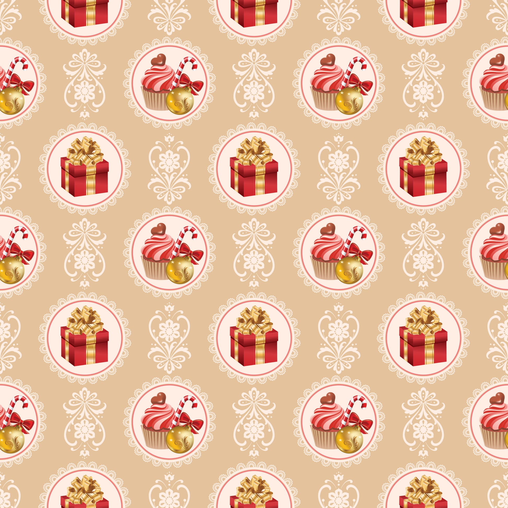 christmas pattern, quilting cotton, fabric panel, beige background, red gift boxes, gold bows, cupcakes, candy canes, ornate circles, lace borders, festive motifs, holiday treats, warm colors, repeating design, seasonal fabric, decorative elements, pink frosting, golden accents, vintage style, holiday baking