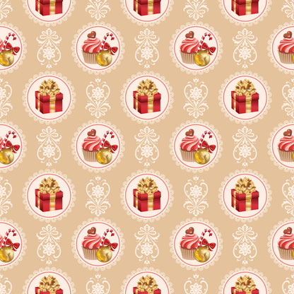 christmas pattern, quilting cotton, fabric panel, beige background, red gift boxes, gold bows, cupcakes, candy canes, ornate circles, lace borders, festive motifs, holiday treats, warm colors, repeating design, seasonal fabric, decorative elements, pink frosting, golden accents, vintage style, holiday baking