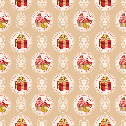 christmas pattern, quilting cotton, fabric panel, beige background, red gift boxes, gold bows, cupcakes, candy canes, ornate circles, lace borders, festive motifs, holiday treats, warm colors, repeating design, seasonal fabric, decorative elements, pink frosting, golden accents, vintage style, holiday baking