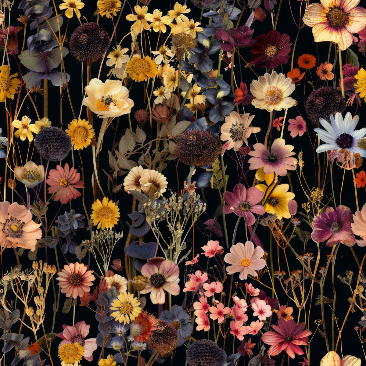 dried flowers, botanical pattern, floral design, autumn colors, burgundy, golden yellow, coral pink, cream white, navy blue, realistic flowers, pressed flowers, vintage botanical, quilting cotton, fabric panel, wildflowers, cosmos flowers, sunflowers, nature inspired, earthy tones, black background
