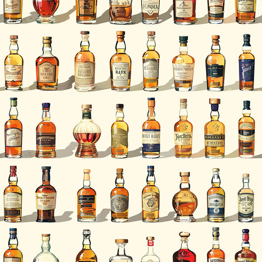 whiskey bottles, amber colors, golden hues, brown tones, glass bottles, alcohol pattern, beverage design, bottle collection, realistic illustration, quilting cotton, fabric panel, repeating pattern, vintage bottles, liquor display, warm colors, orange shades, bourbon bottles, spirits theme, detailed artwork, nostalgic style