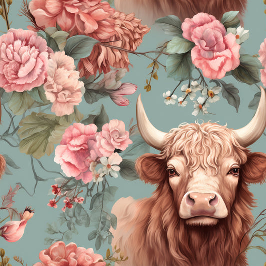 highland cow, vintage floral, quilting cotton, fabric panel, pink roses, sage green, dusty blue, brown cow, horned cattle, botanical pattern, cottage core, pastoral design, fluffy cow, decorative flowers, soft pastels, whimsical art, farm animal, romantic florals, muted tones, cotton fabric