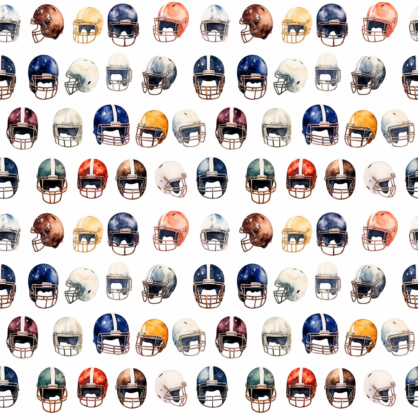 watercolor, football helmets, sports pattern, navy blue, burgundy, orange, white, gray, brown, repeating design, athletic theme, quilting cotton, fabric panel, team colors, helmet collection, sports memorabilia, masculine colors, geometric arrangement, football equipment, watercolor painting style