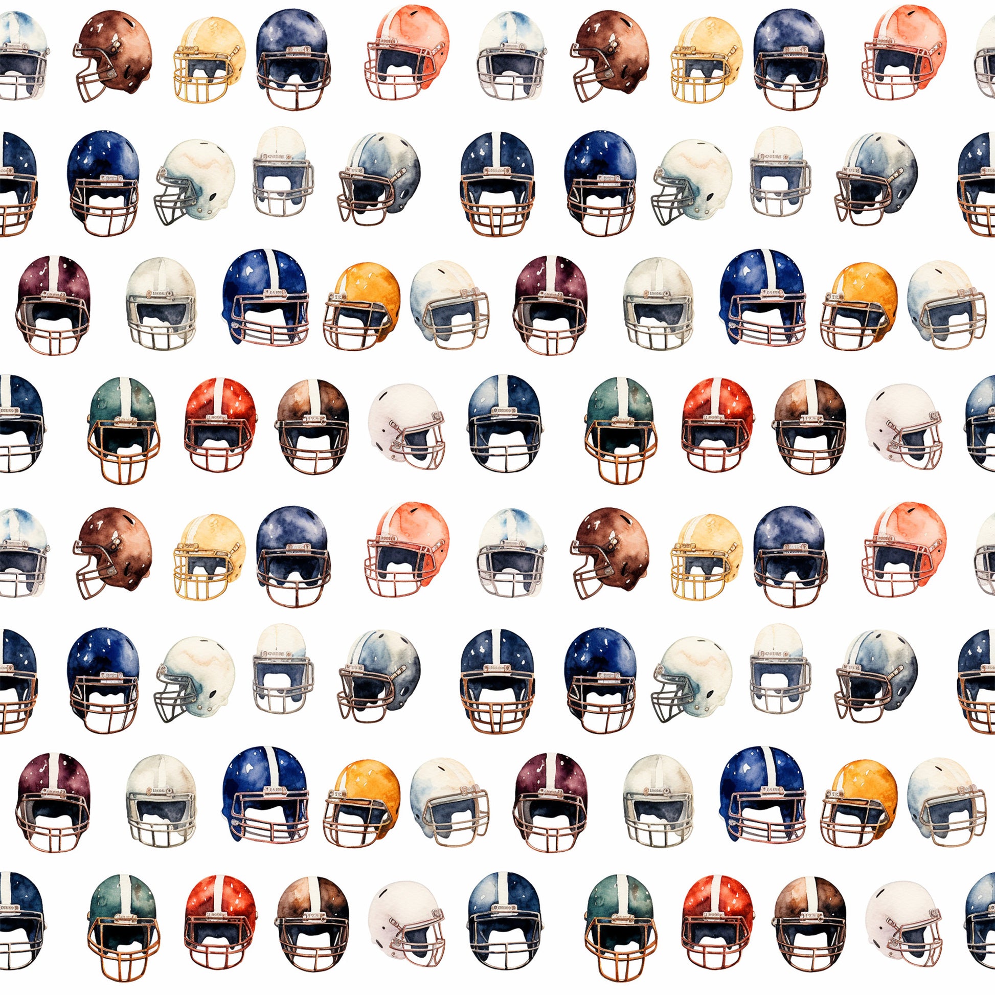 watercolor, football helmets, sports pattern, navy blue, burgundy, orange, white, gray, brown, repeating design, athletic theme, quilting cotton, fabric panel, team colors, helmet collection, sports memorabilia, masculine colors, geometric arrangement, football equipment, watercolor painting style