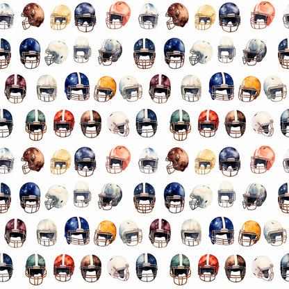 watercolor, football helmets, sports pattern, navy blue, burgundy, orange, white, gray, brown, repeating design, athletic theme, quilting cotton, fabric panel, team colors, helmet collection, sports memorabilia, masculine colors, geometric arrangement, football equipment, watercolor painting style