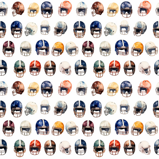 watercolor, football helmets, sports pattern, navy blue, burgundy, orange, white, gray, brown, repeating design, athletic theme, quilting cotton, fabric panel, team colors, helmet collection, sports memorabilia, masculine colors, geometric arrangement, football equipment, watercolor painting style