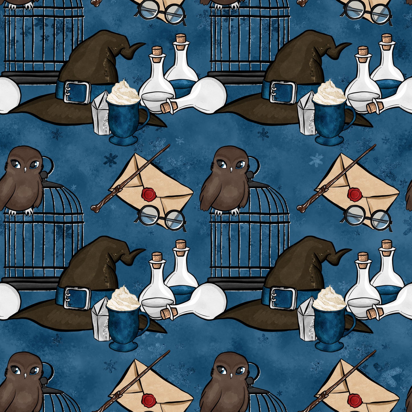 wizard themed, magic school, dark blue background, brown owls, witch hats, potion bottles, eyeglasses, wand, sealed letter, red wax seal, bird cage, quilting cotton, fabric panel, whimsical pattern, fantasy elements, magical accessories, repeating motif, navy blue, cream colored, enchanted design