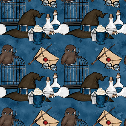 wizard themed, magic school, dark blue background, brown owls, witch hats, potion bottles, eyeglasses, wand, sealed letter, red wax seal, bird cage, quilting cotton, fabric panel, whimsical pattern, fantasy elements, magical accessories, repeating motif, navy blue, cream colored, enchanted design