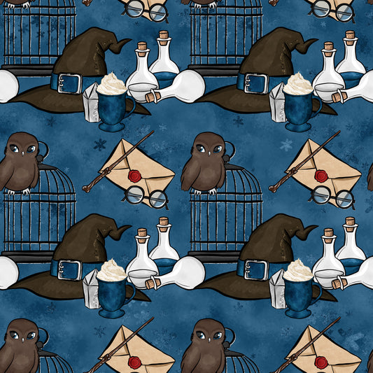 wizard themed, magic school, dark blue background, brown owls, witch hats, potion bottles, eyeglasses, wand, sealed letter, red wax seal, bird cage, quilting cotton, fabric panel, whimsical pattern, fantasy elements, magical accessories, repeating motif, navy blue, cream colored, enchanted design