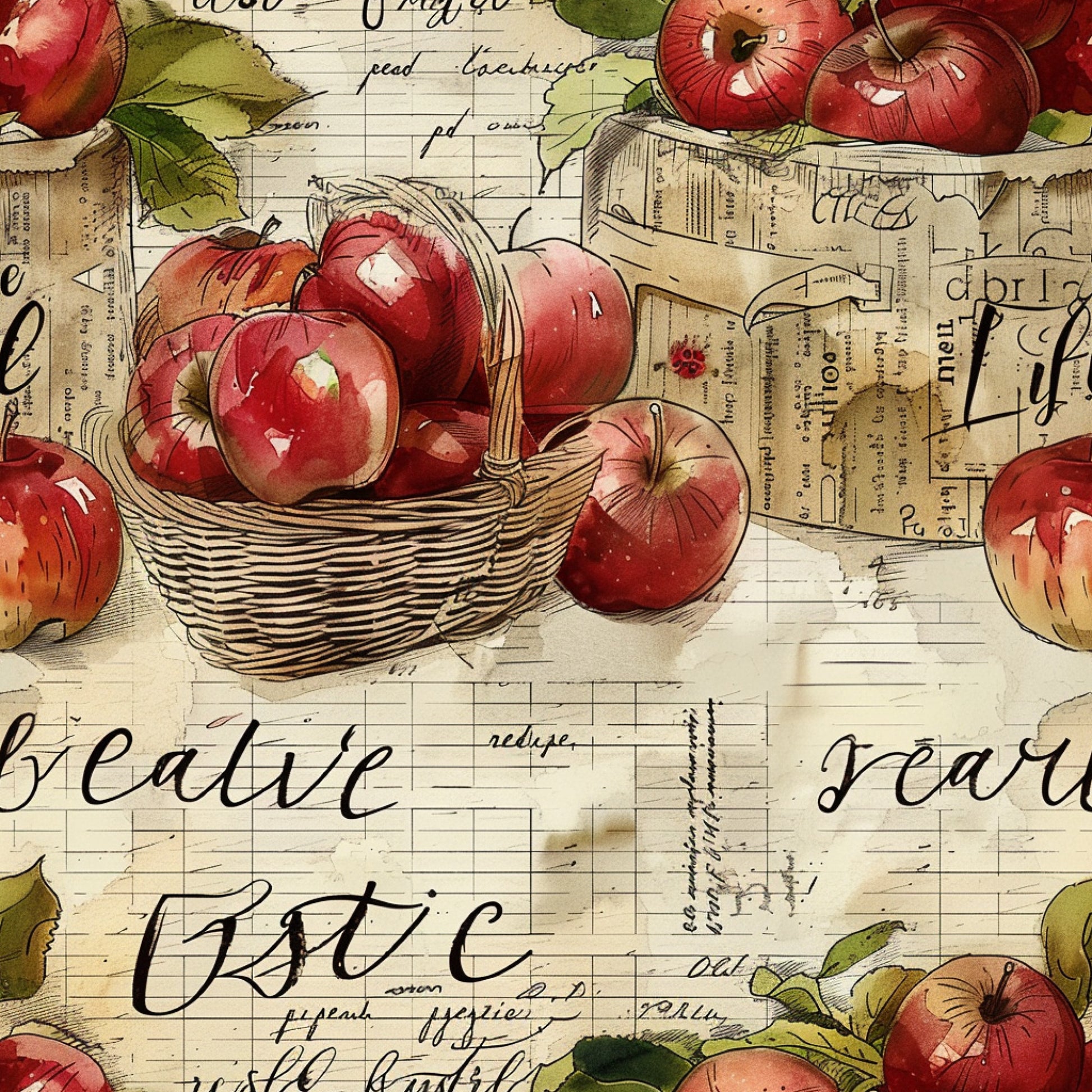 red apples, green leaves, wicker basket, vintage newspaper, handwritten script, cream background, botanical illustration, farm fresh, harvest theme, quilting cotton, fabric panel, watercolor style, rustic charm, autumn colors, country kitchen, apple orchard, nostalgic artwork, aged paper, calligraphy text, seasonal produce