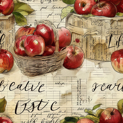 red apples, green leaves, wicker basket, vintage newspaper, handwritten script, cream background, botanical illustration, farm fresh, harvest theme, quilting cotton, fabric panel, watercolor style, rustic charm, autumn colors, country kitchen, apple orchard, nostalgic artwork, aged paper, calligraphy text, seasonal produce