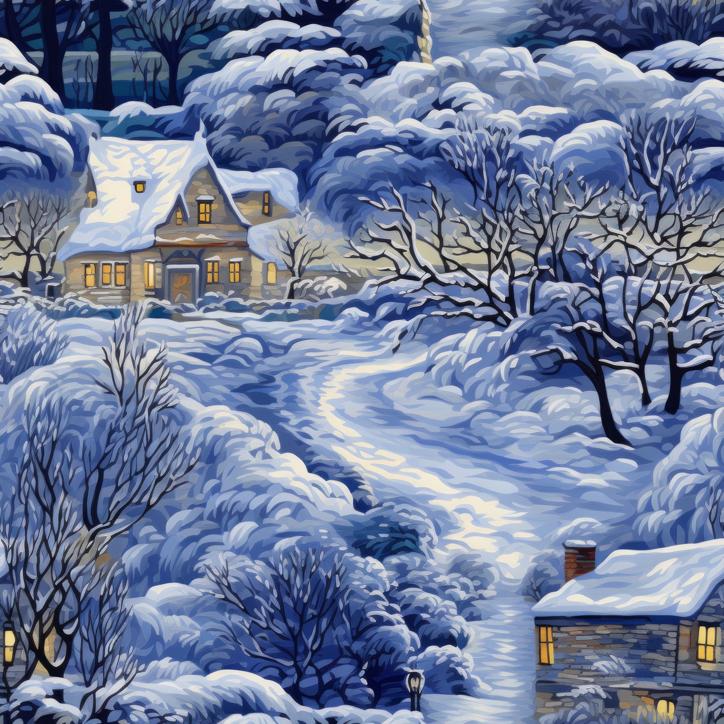 winter scene, snow covered, blue tones, white snow, golden light, cozy cottage, illuminated windows, bare trees, winding path, peaceful landscape, quilting cotton, fabric panel, serene mood, twilight atmosphere, rural setting, snowy village, warm glow, winter wonderland, scenic design, nature motif