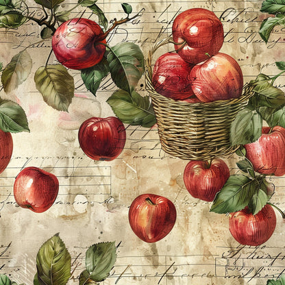 red apples, green leaves, wicker basket, vintage style, botanical illustration, fruit harvest, cream background, handwritten script, crosshatch shading, rustic charm, quilting cotton, fabric panel, autumn theme, farm fresh, orchard scene, weathered texture, natural elements, country living, harvest motif