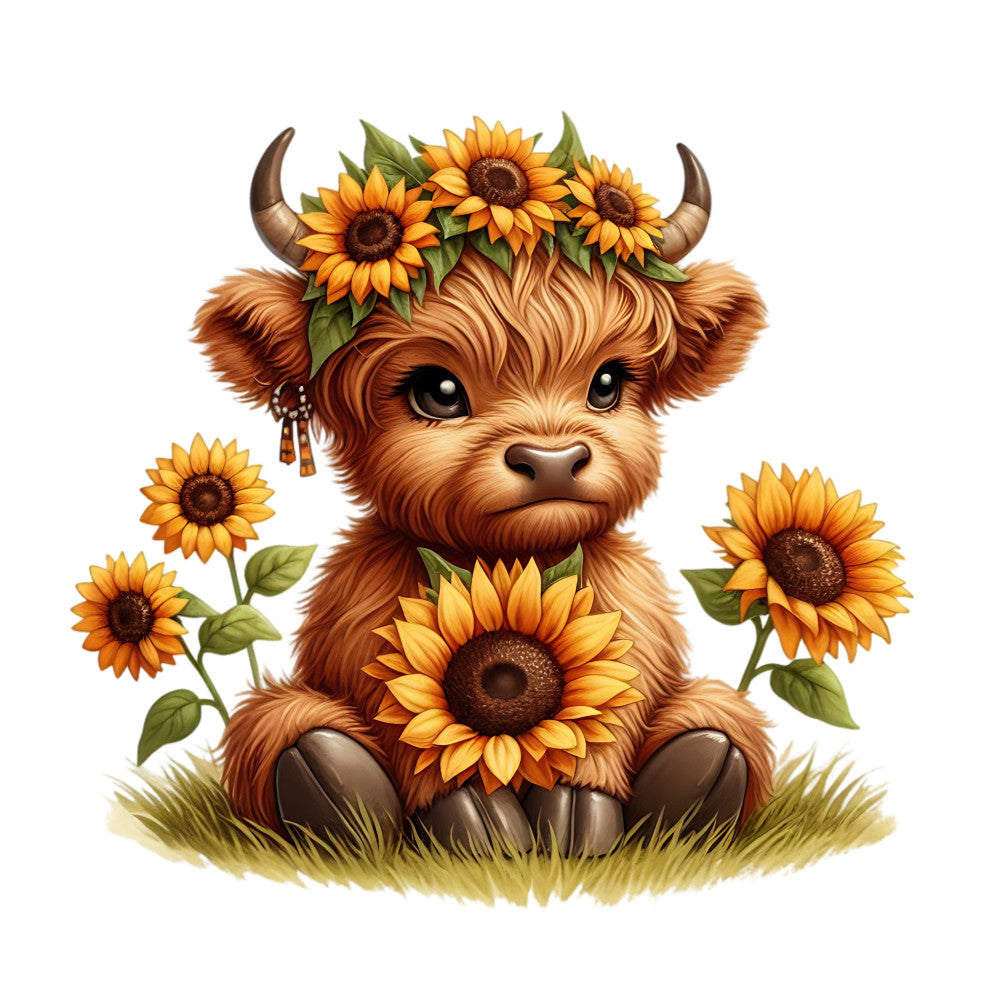 Sunflower Highland Cows Fabric Panel 24