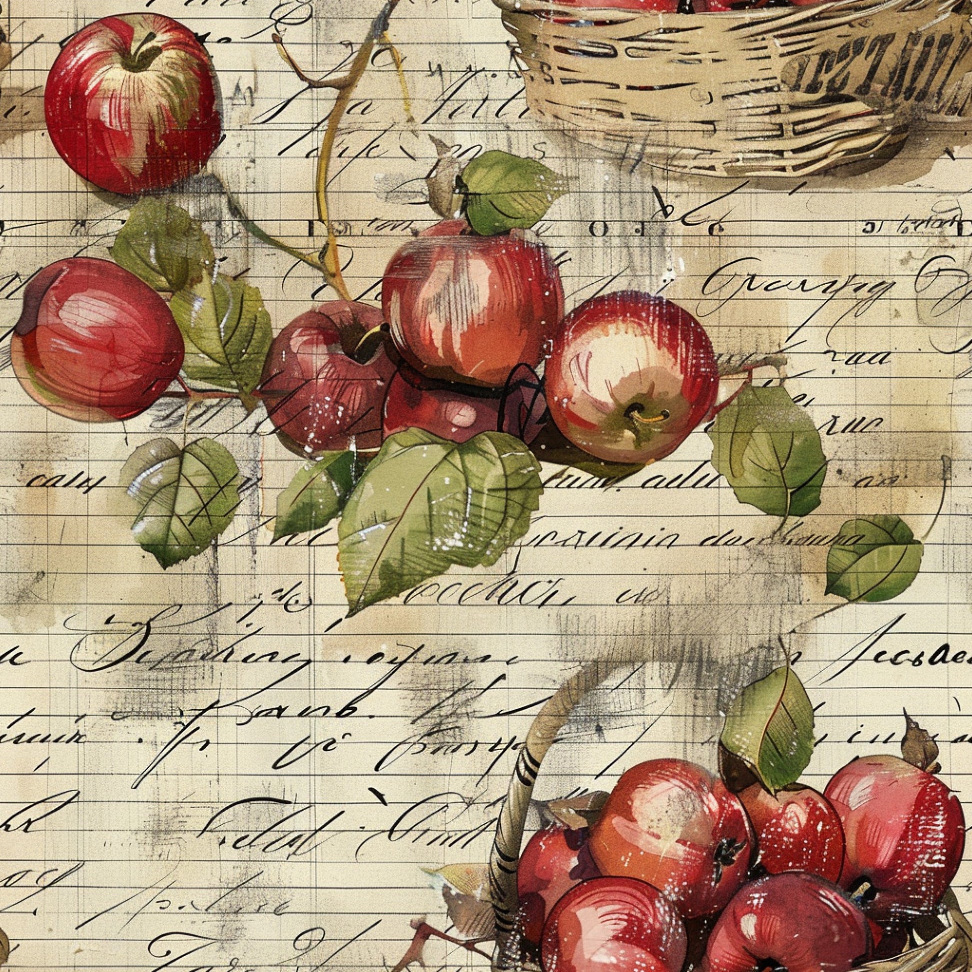 red apples, green leaves, wicker basket, vintage script, cursive writing, aged paper, botanical illustration, fruit harvest, cream background, rustic charm, quilting cotton, fabric panel, farm fresh, orchard theme, watercolor style, autumn colors, natural elements, country living, handwritten text, antique ledger