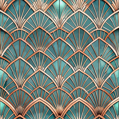 art deco, fan pattern, geometric design, teal green, copper bronze, metallic accents, radiating lines, scalloped motifs, vintage style, repeating pattern, quilting cotton, fabric panel, sunburst design, overlapping fans, turquoise background, rose gold trim, architectural motifs, 1920s inspired, decorative elements, peacock feathers