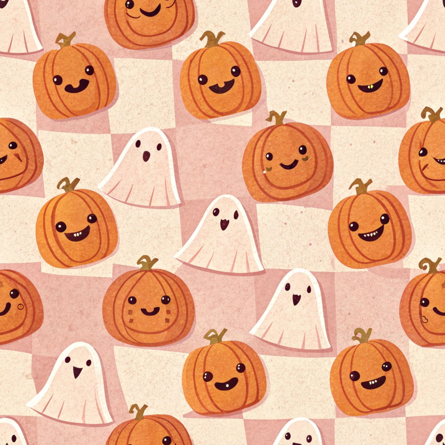orange, cream, pink, checkered pattern, cute pumpkins, friendly ghosts, kawaii style, halloween theme, smiling faces, autumn colors, quilting cotton, fabric panel, whimsical characters, cheerful mood, seasonal design, cartoon style, soft pastels, repetitive pattern, jack-o-lanterns, spooky cute