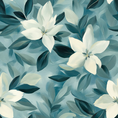 cornflower blue, cream white, teal green, sage green, floral pattern, lily flowers, botanical design, leaves, petals, soft brushstrokes, painterly style, elegant blooms, quilting cotton, fabric panel, serene mood, nature motif, delicate flowers, flowing design, artistic florals