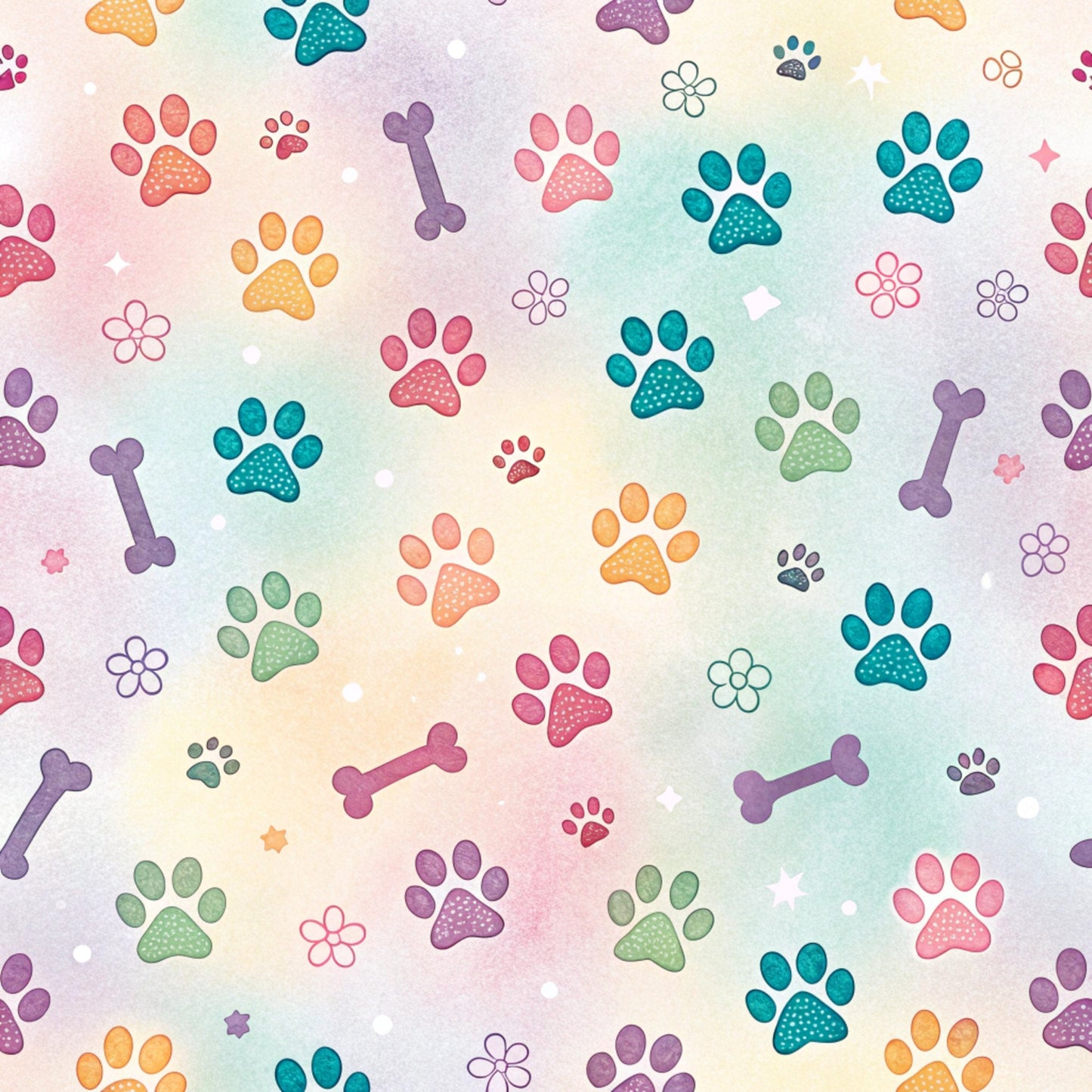 paw prints, dog bones, pastel colors, teal, coral pink, purple, orange, sage green, floral motifs, watercolor style, pet themed, animal pattern, quilting cotton, fabric panel, whimsical design, soft gradient background, scattered pattern, playful mood, craft fabric, sewing material